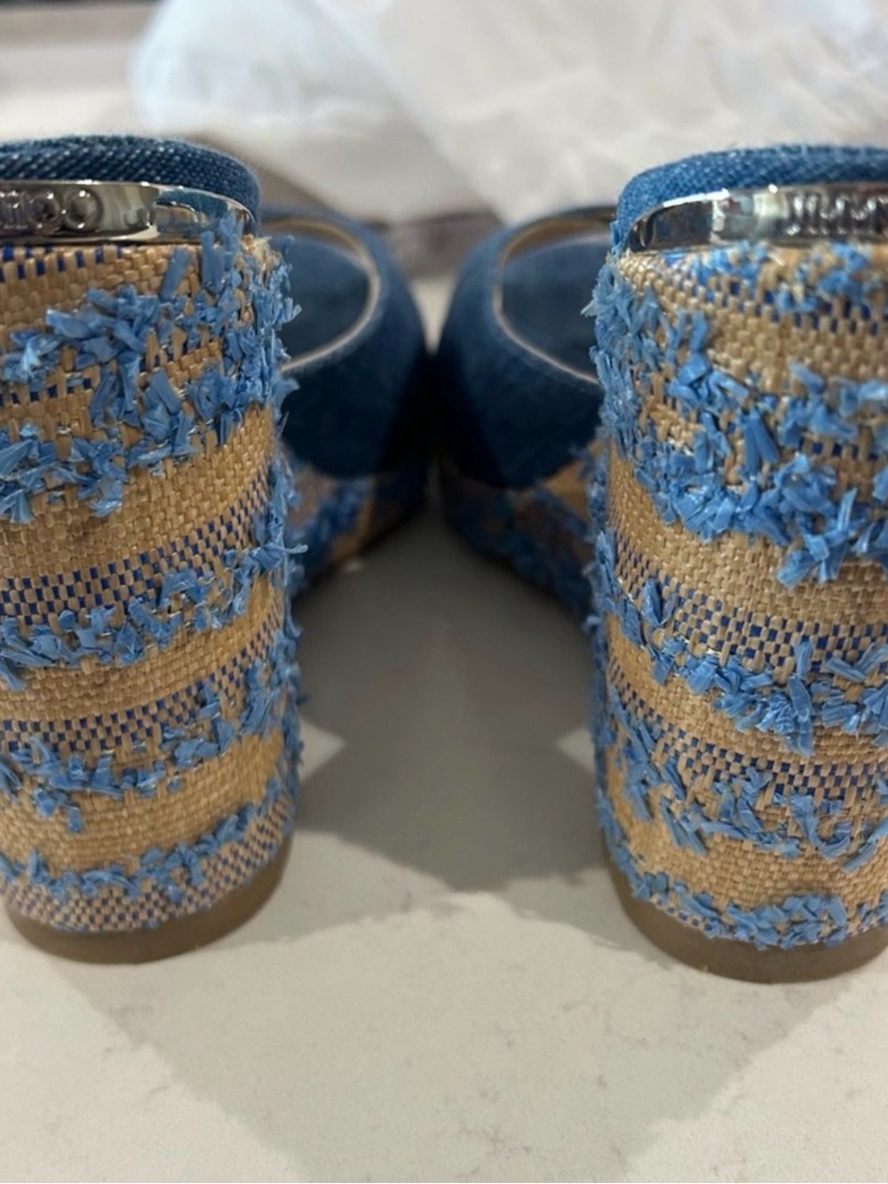 Jimmy Choo Denim Blue and Tan Espadrille Wedge Sandals - Picture 4 of 4